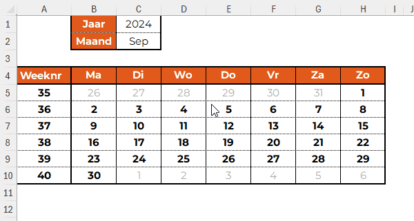 Kalender in Excel